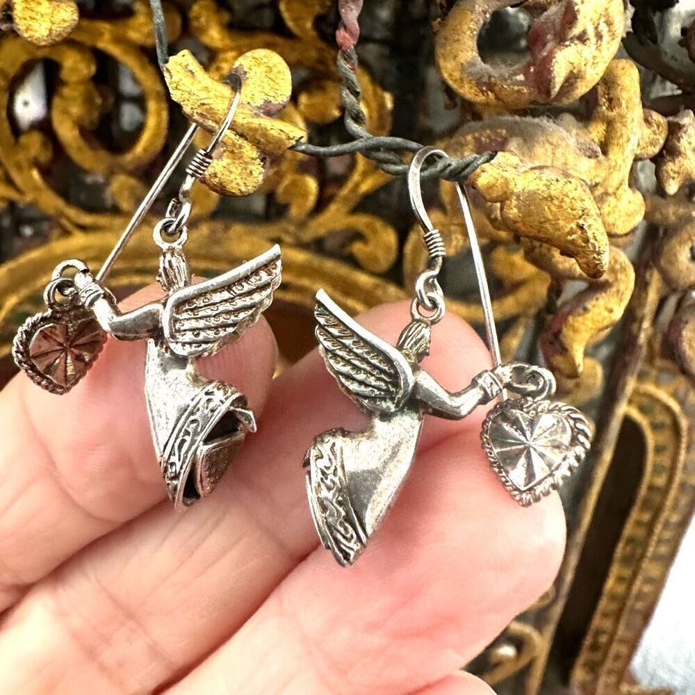 Beverly Hills Sterling silver angel holding hearts earrings